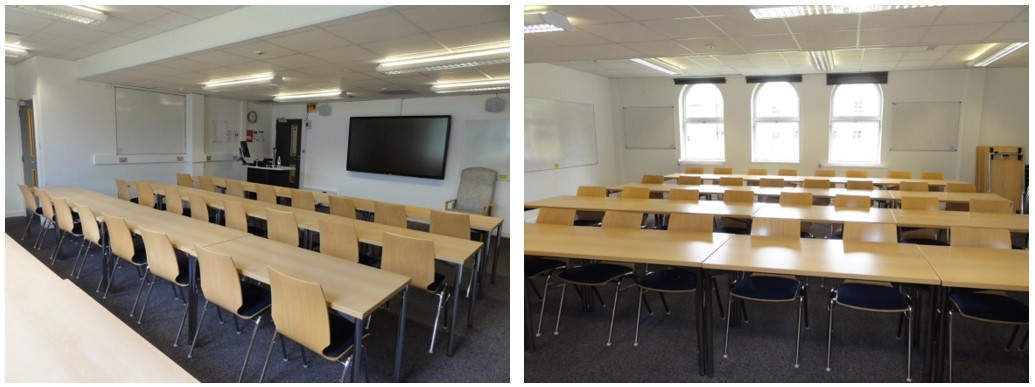 Classroom with rows of tables and chairs.